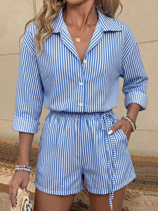 Women's Button Striped Cinched Waist Cover Up Romper Casual Vacation Beach
