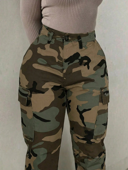 Women's Camouflage High Waist Cargo Pants, Multi-Pocket Wide Leg Trousers, Streetwear & Y2K Daily Outfits
