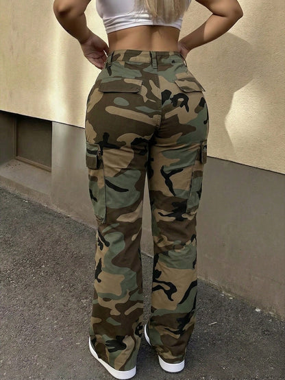 Women's Camouflage High Waist Cargo Pants, Multi-Pocket Wide Leg Trousers, Streetwear & Y2K Daily Outfits