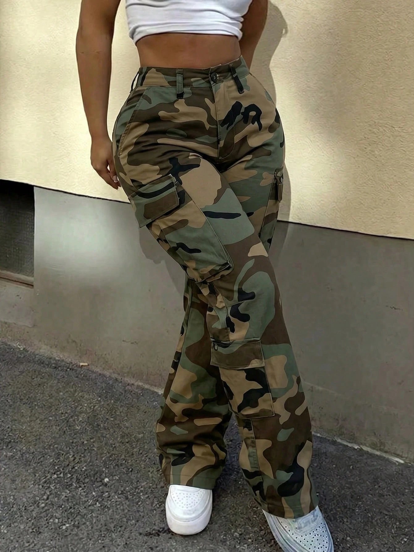 Women's Camouflage High Waist Cargo Pants, Multi-Pocket Wide Leg Trousers, Streetwear & Y2K Daily Outfits