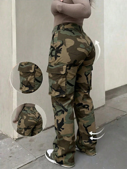 Women's Camouflage High Waist Cargo Pants, Multi-Pocket Wide Leg Trousers, Streetwear & Y2K Daily Outfits