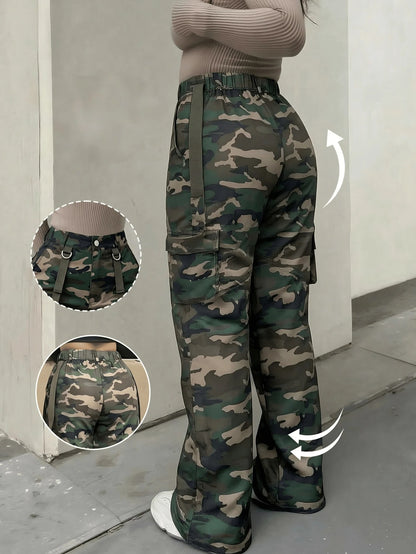Women's Camouflage High Waist Cargo Pants, Multi-Pocket Wide Leg Trousers, Streetwear & Y2K Daily Outfits
