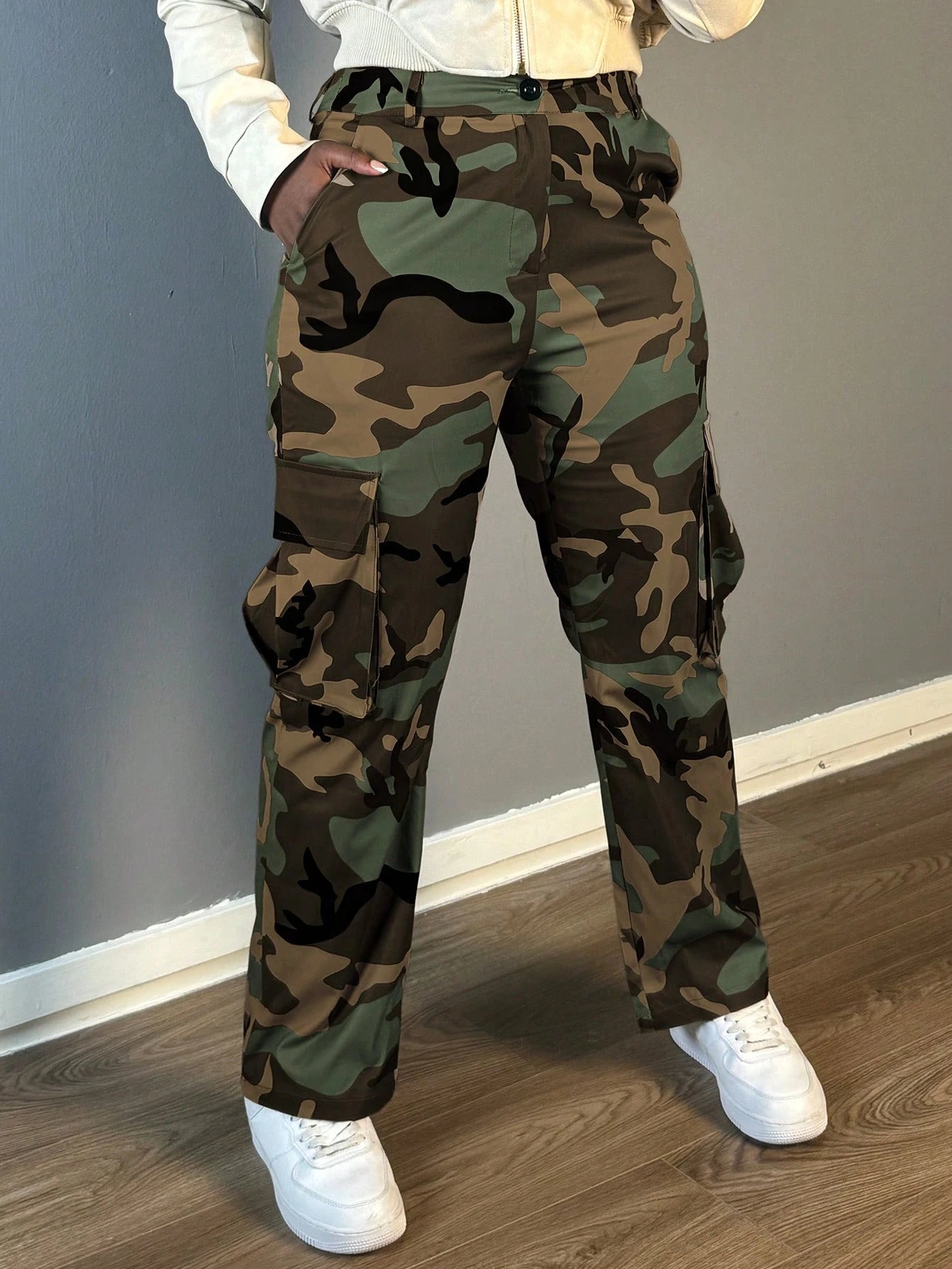 Women's Casual Camo Print Straight Cargo Pants