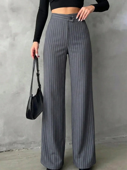 Women's Casual Elegant Black Straight Leg Pants, Summer Trousers With Asymmetric V-Waistline To Accentuate Curves, Suitable For School, Daily Wear, Work Commute, Dates, Holidays
