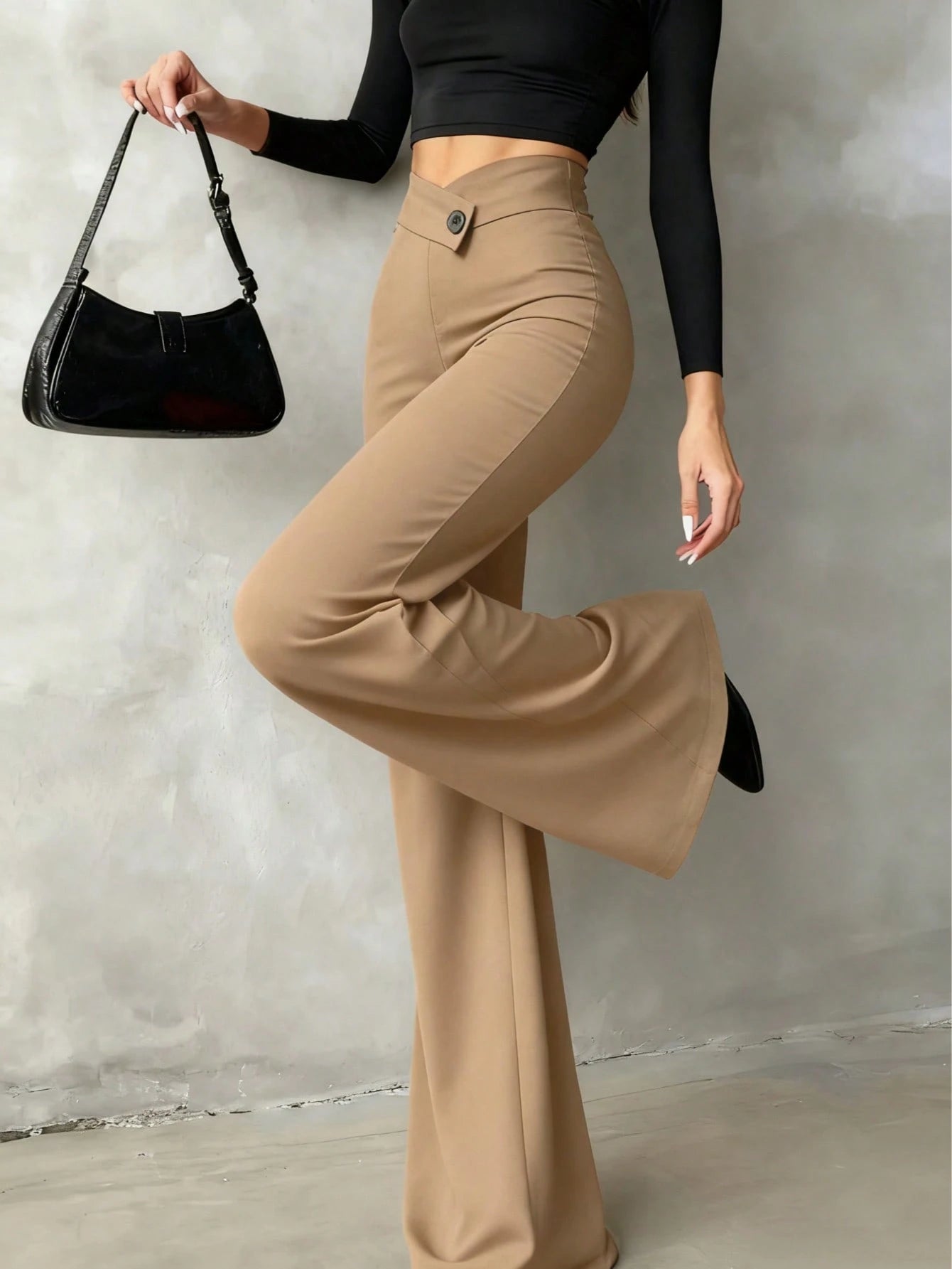 Women's Casual Elegant Black Straight Leg Pants, Summer Trousers With Asymmetric V-Waistline To Accentuate Curves, Suitable For School, Daily Wear, Work Commute, Dates, Holidays