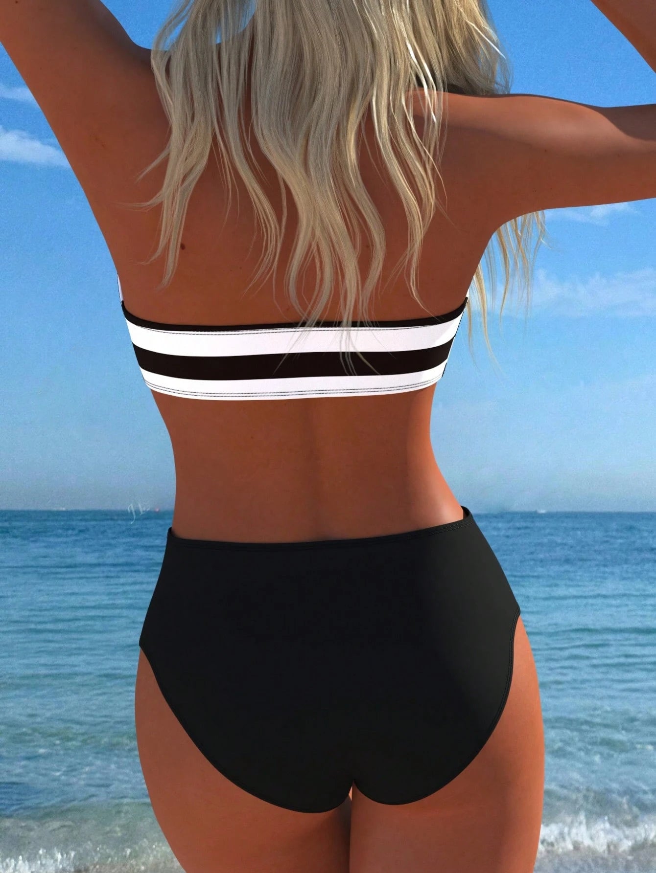 Women's Casual Sexy Striped Halter Bandeau Bikini Top With High Waist Swim Bottoms Swimwear Set, New Holiday Summer Vacation Travel Outfit Beach