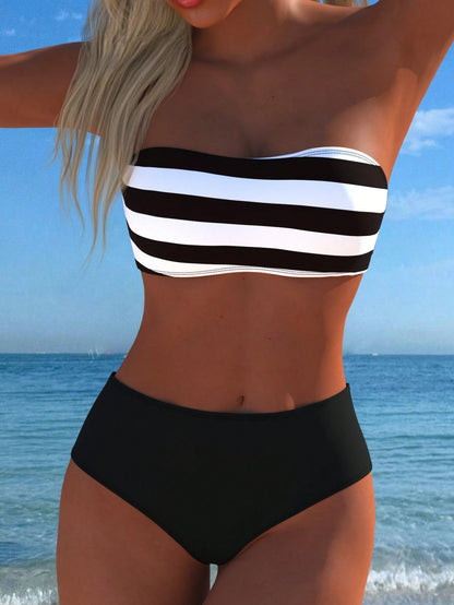 Women's Casual Sexy Striped Halter Bandeau Bikini Top With High Waist Swim Bottoms Swimwear Set, New Holiday Summer Vacation Travel Outfit Beach