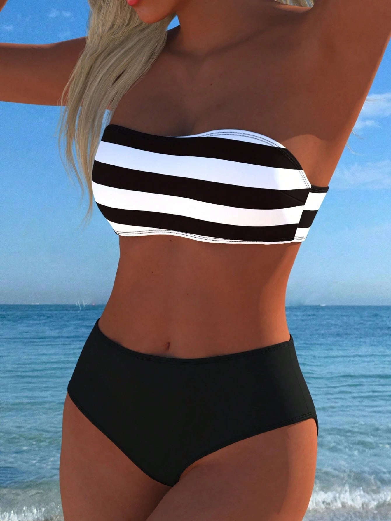 Women's Casual Sexy Striped Halter Bandeau Bikini Top With High Waist Swim Bottoms Swimwear Set, New Holiday Summer Vacation Travel Outfit Beach