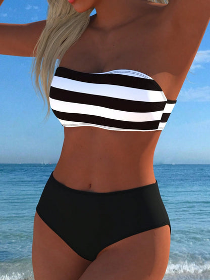 Women's Casual Sexy Striped Halter Bandeau Bikini Top With High Waist Swim Bottoms Swimwear Set, New Holiday Summer Vacation Travel Outfit Beach