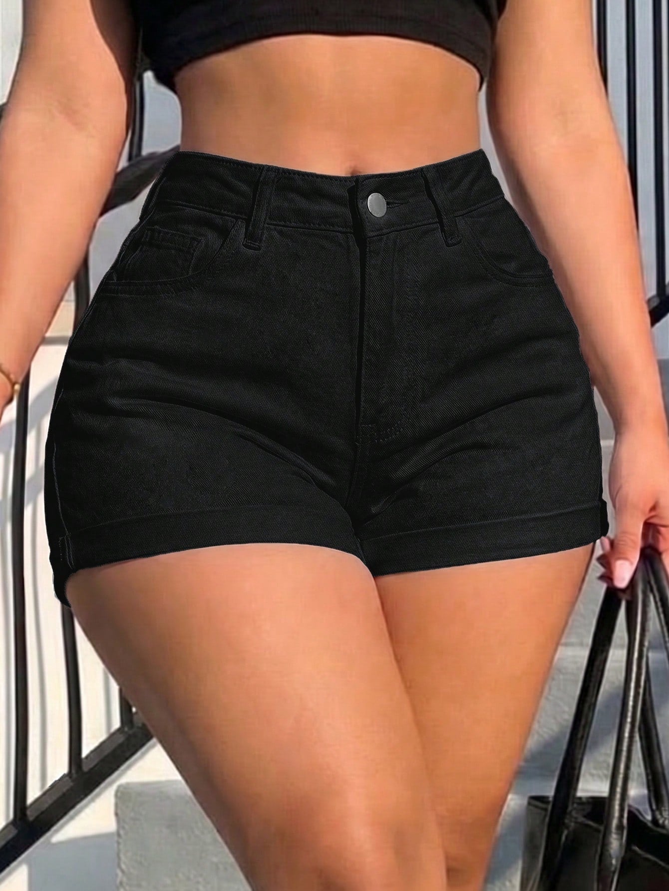 Women's Casual Woven Fabric Zip-Up Straight Shorts Black Summer