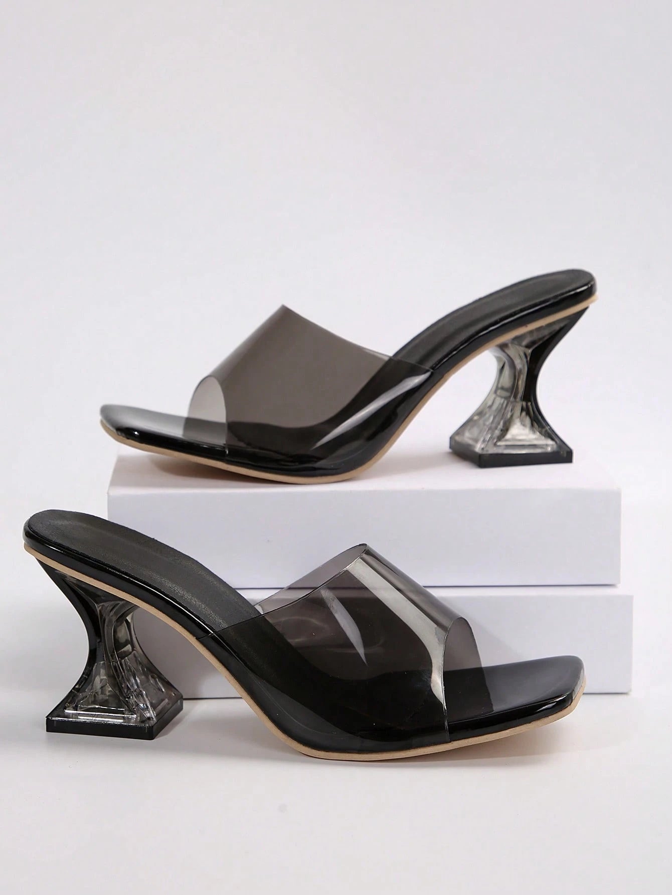 Women's Classic Black High Heel Sandals, Square Open Toe, Transparent Upper, Suitable For Office, Summer Parties And Summer Wear