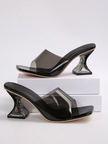 Women's Classic Black High Heel Sandals, Square Open Toe, Transparent Upper, Suitable For Office, Summer Parties And Summer Wear