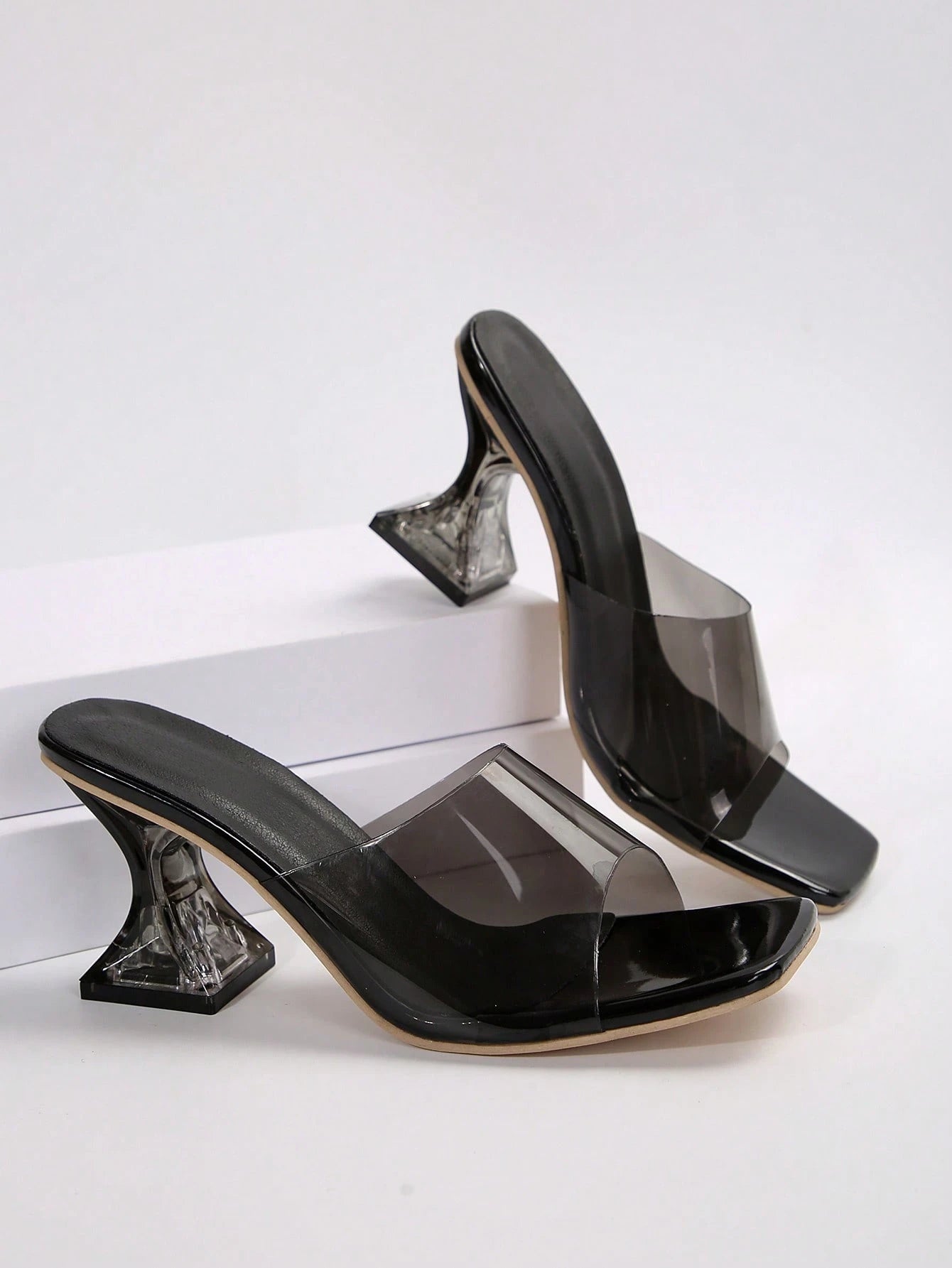 Women's Classic Black High Heel Sandals, Square Open Toe, Transparent Upper, Suitable For Office, Summer Parties And Summer Wear