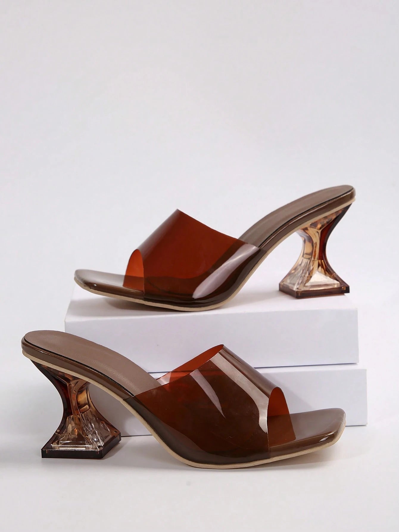 Women's Classic Black High Heel Sandals, Square Open Toe, Transparent Upper, Suitable For Office, Summer Parties And Summer Wear