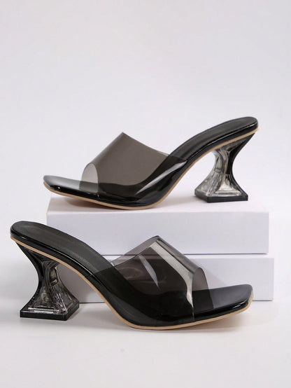 Women's Classic Black High Heel Sandals, Square Open Toe, Transparent Upper, Suitable For Office, Summer Parties And Summer Wear