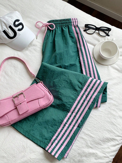 Women's Contrast Color Casual Drawstring Waist Side Striped Print Pants