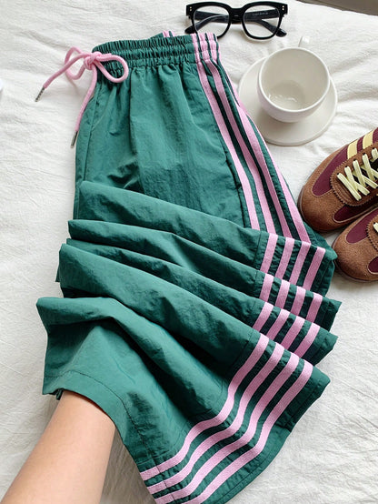 Women's Contrast Color Casual Drawstring Waist Side Striped Print Pants