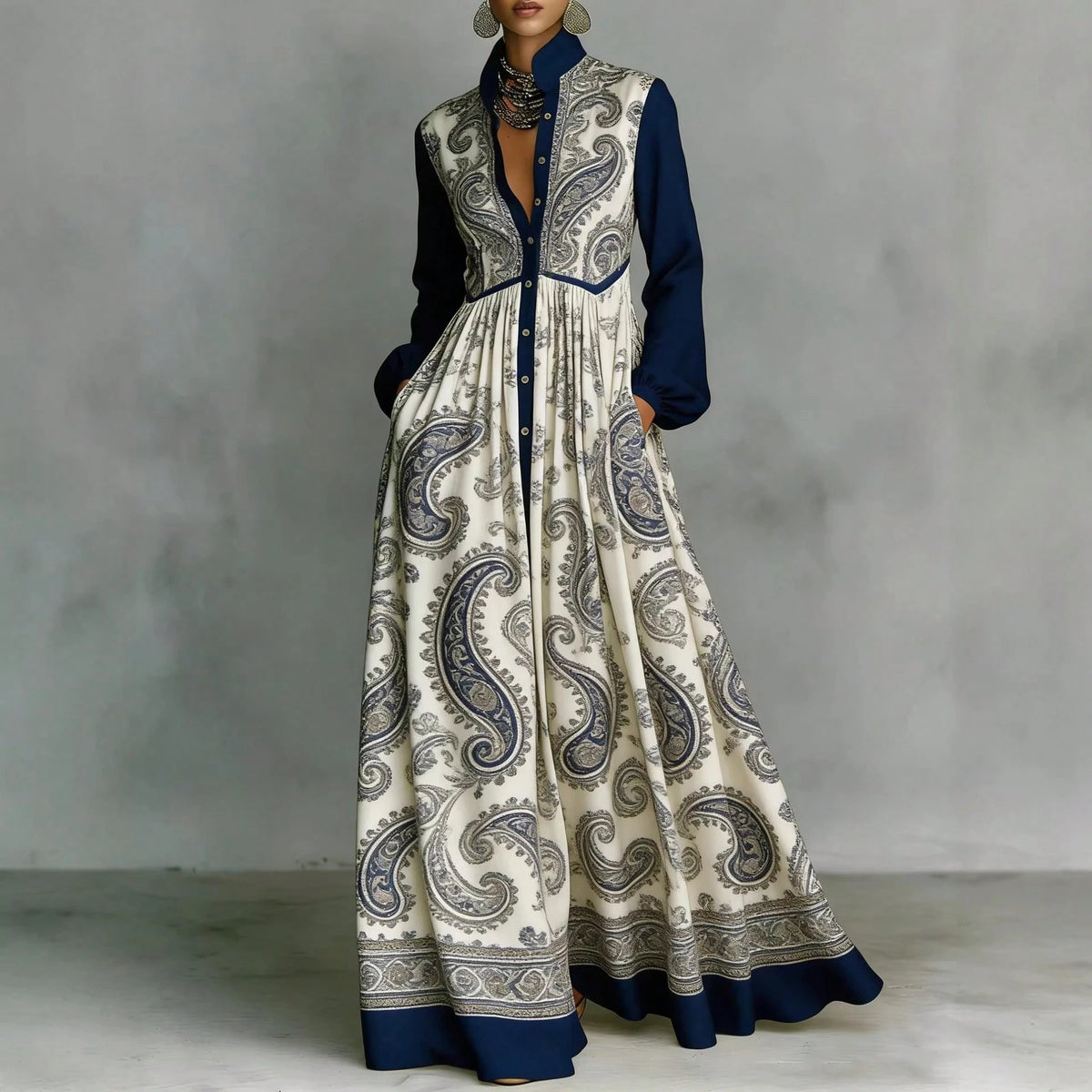 Women's Contrast Long Sleeve Paisley Print Collared Button Front Pocket High Waist Floor Maxi Dress Vintage Resort Elegant Dress