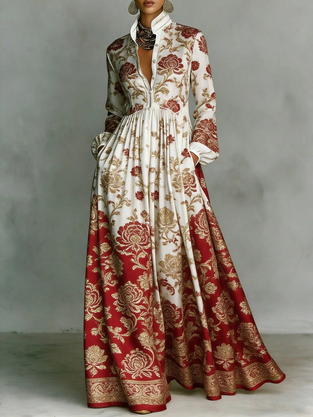 Women's Contrast Long Sleeve Paisley Print Collared Button Front Pocket High Waist Floor Maxi Dress Vintage Resort Elegant Dress