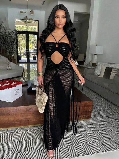 Women's Crochet Knit Maxi Dress With Fringe Sexy See Through Cutout Halter Backless Boho Style Beach Party Vacation Summer Outfit Resort Wear
