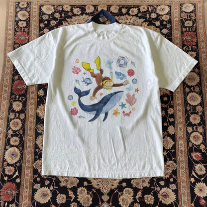 Women's Curious George Holiday Diving Print T-Shirt, Childhood Fun Style, 100% Cotton, Cute Age-Defying Cartoon Top, Daily Wear, Holiday Gift