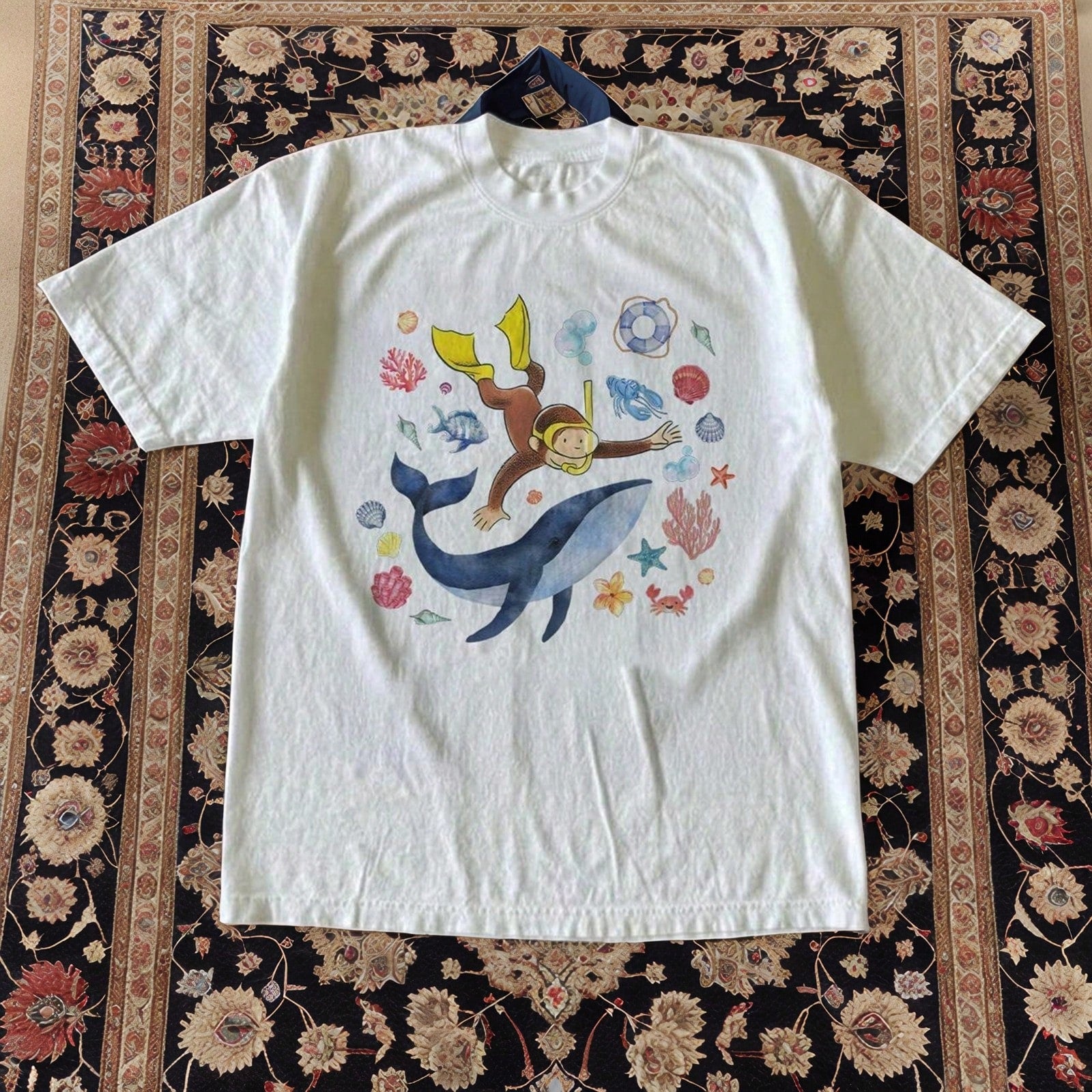 Women's Curious George Holiday Diving Print T-Shirt, Childhood Fun Style, 100% Cotton, Cute Age-Defying Cartoon Top, Daily Wear, Holiday Gift