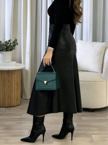 Women's Elegant A-Line Long Bodycon Skirt- Fashion Solid Color Faux Leather Low Stretch Bodycon Skirt, Fashion Commute Daily Black, Streetwear