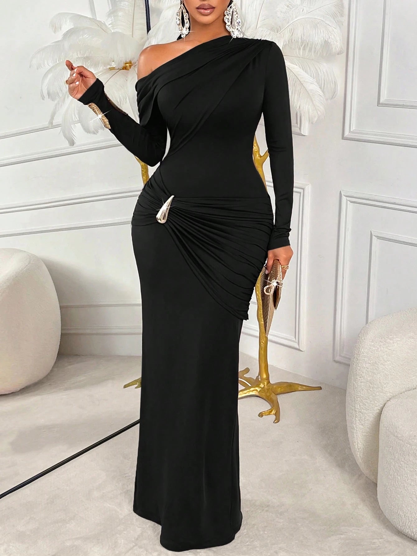 Women's Elegant Black Knit Long Sleeve Asymmetric Neck Ruched Bodycon Dress, Pencil Dress Hem, Gold Button Detail Spring