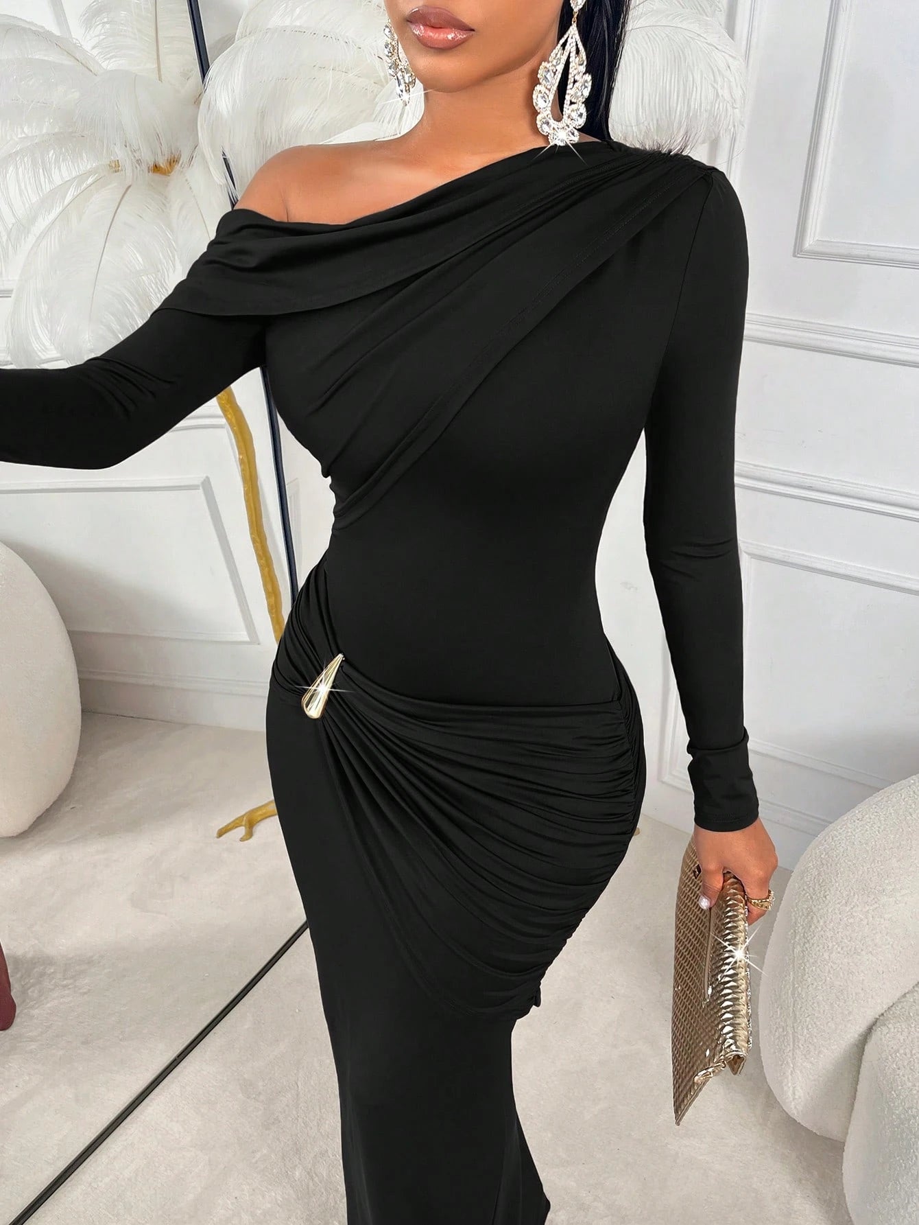 Women's Elegant Black Knit Long Sleeve Asymmetric Neck Ruched Bodycon Dress, Pencil Dress Hem, Gold Button Detail Spring
