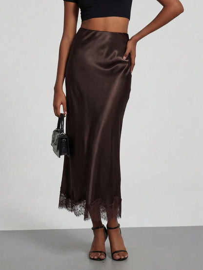 Women's Elegant Lace Patchwork Satin Skirt, Spring/Summer