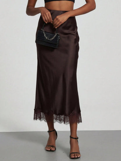 Women's Elegant Lace Patchwork Satin Skirt, Spring/Summer