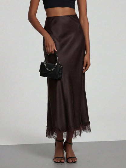 Women's Elegant Lace Patchwork Satin Skirt, Spring/Summer