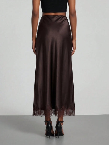 Women's Elegant Lace Patchwork Satin Skirt, Spring/Summer