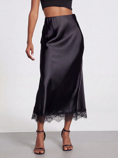 Women's Elegant Lace Patchwork Satin Skirt, Spring/Summer