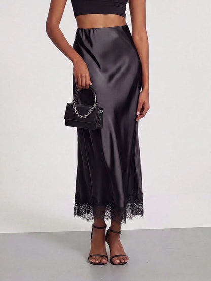 Women's Elegant Lace Patchwork Satin Skirt, Spring/Summer