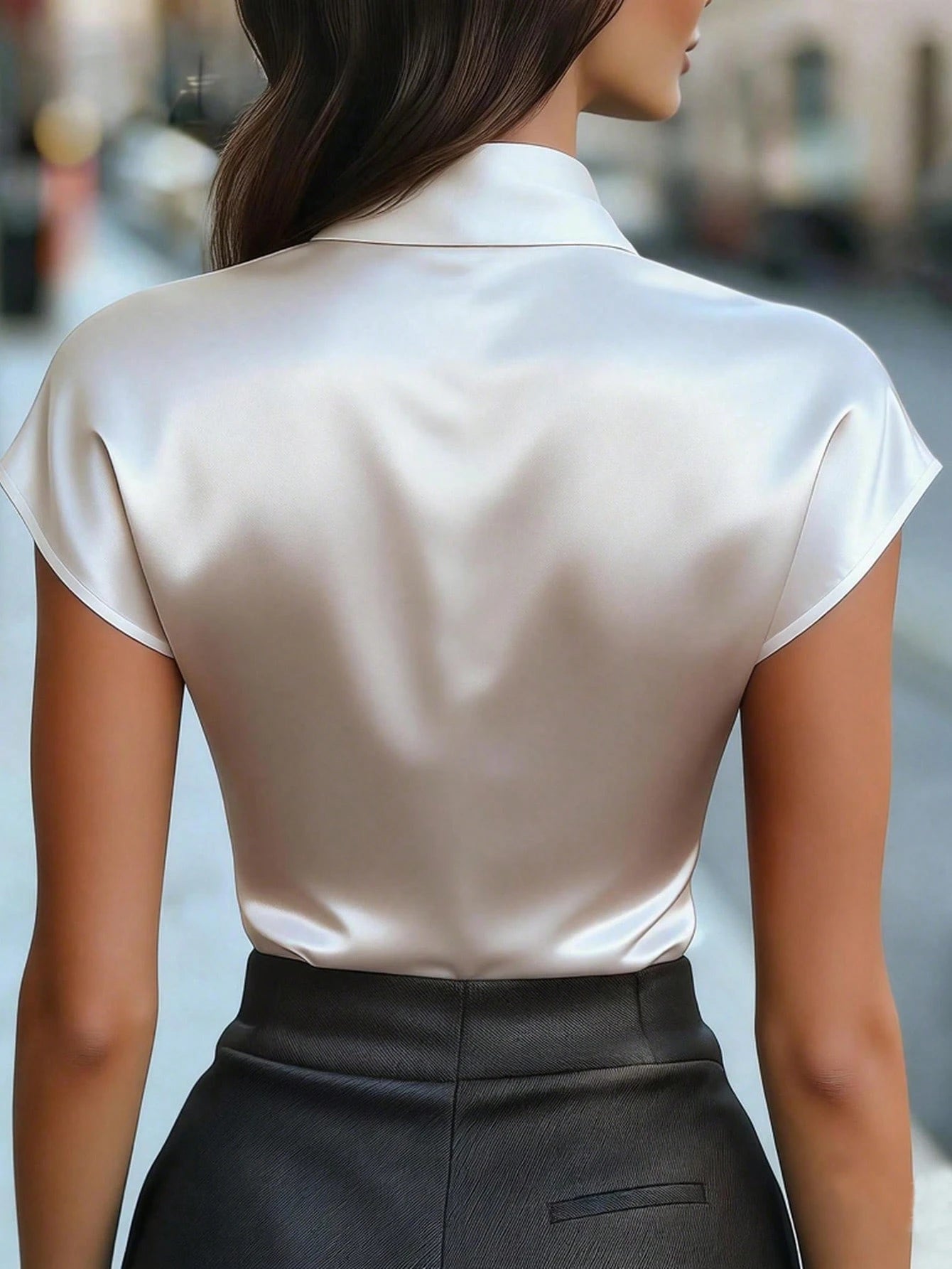 Women's Elegant Off-White Silk Satin Blouses,Tie Collar Short Sleeve Shirt,Loose Fit Work Formal Attire For Summer,Business Party Graduation Blouse