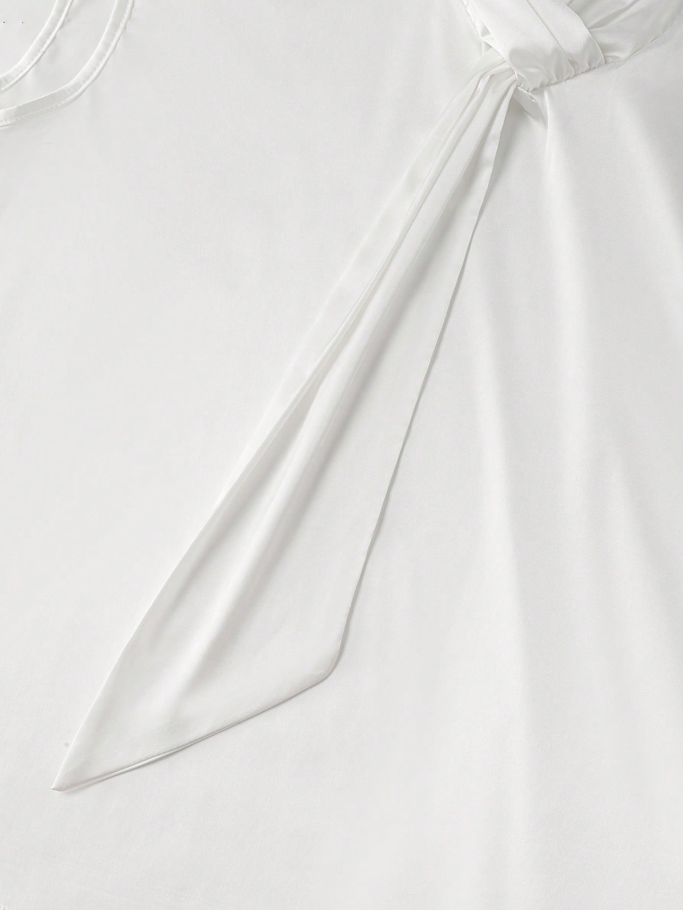 Women's Elegant Off-White Silk Satin Blouses,Tie Collar Short Sleeve Shirt,Loose Fit Work Formal Attire For Summer,Business Party Graduation Blouse