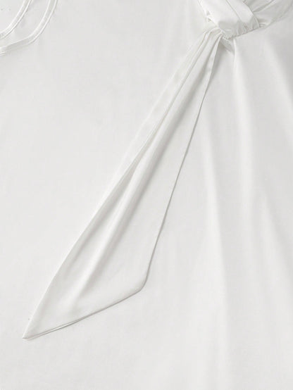 Women's Elegant Off-White Silk Satin Blouses,Tie Collar Short Sleeve Shirt,Loose Fit Work Formal Attire For Summer,Business Party Graduation Blouse