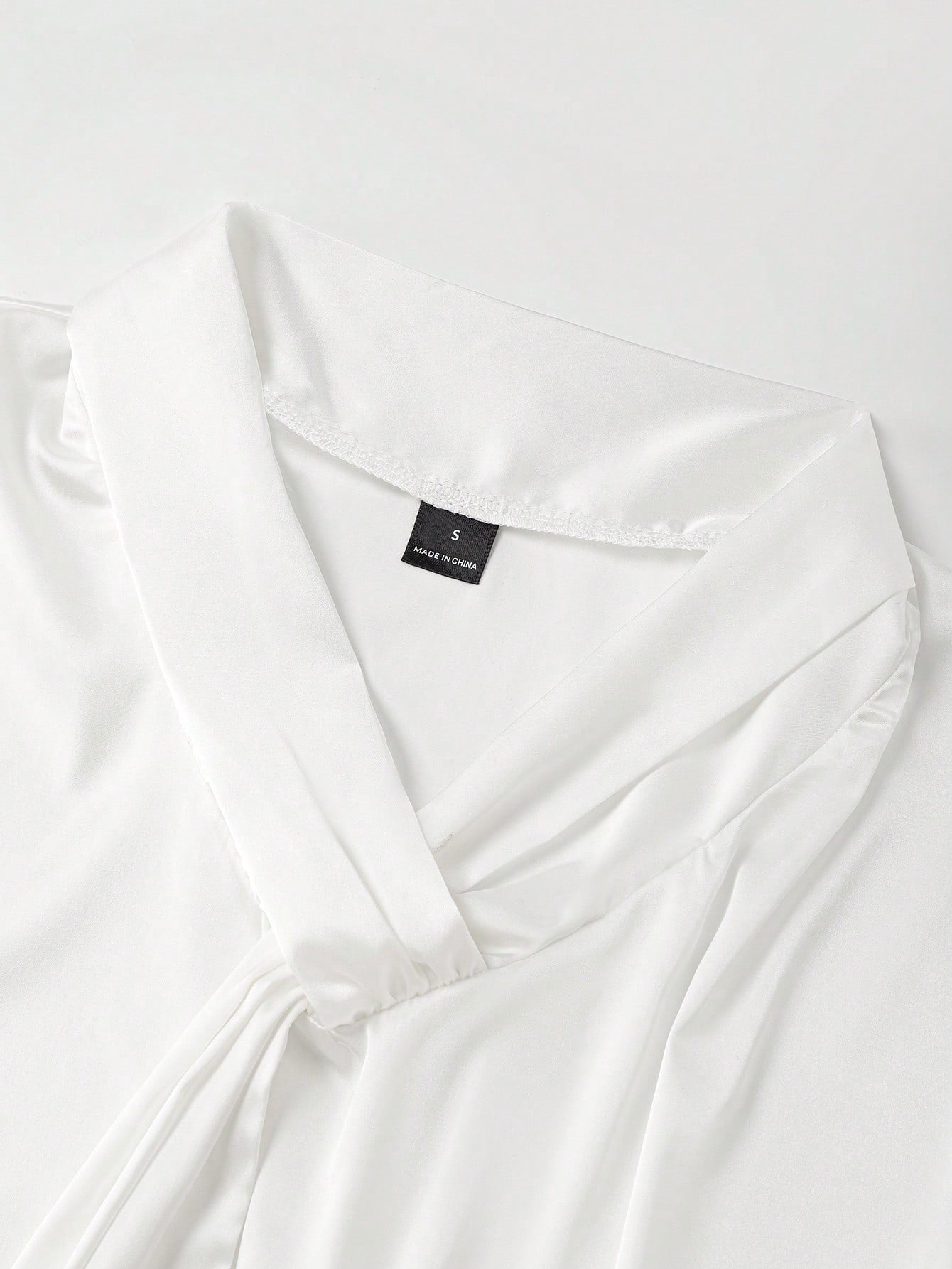 Women's Elegant Off-White Silk Satin Blouses,Tie Collar Short Sleeve Shirt,Loose Fit Work Formal Attire For Summer,Business Party Graduation Blouse