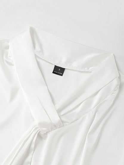 Women's Elegant Off-White Silk Satin Blouses,Tie Collar Short Sleeve Shirt,Loose Fit Work Formal Attire For Summer,Business Party Graduation Blouse