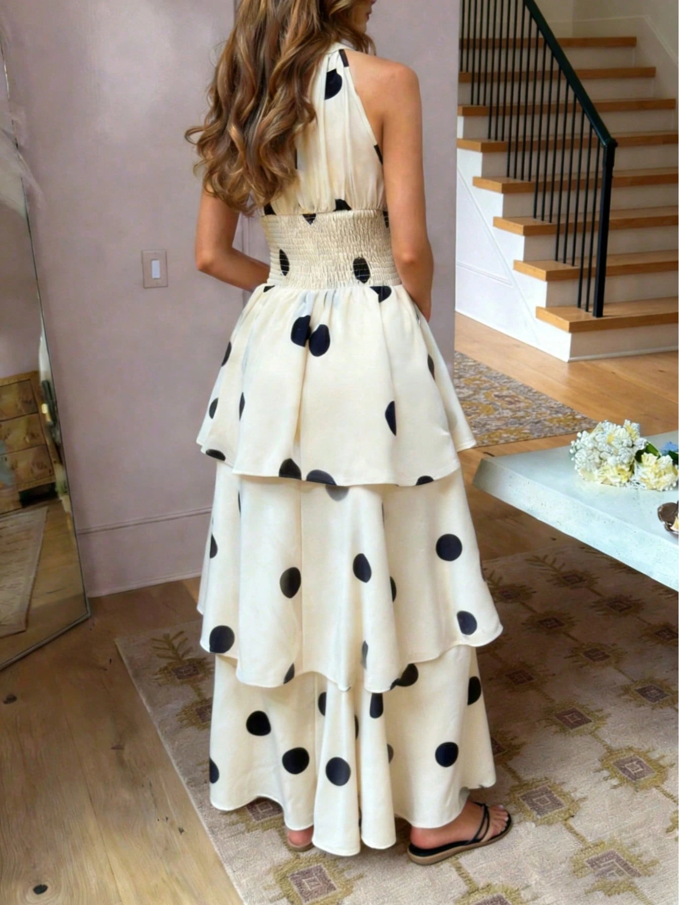 Women's Elegant Polka Dot Sleeveless Shirred Waist Layered Ruffled Dress, Bohemian Style, Spring/Summer