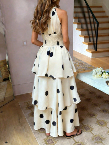 Women's Elegant Polka Dot Sleeveless Shirred Waist Layered Ruffled Dress, Bohemian Style, Spring/Summer