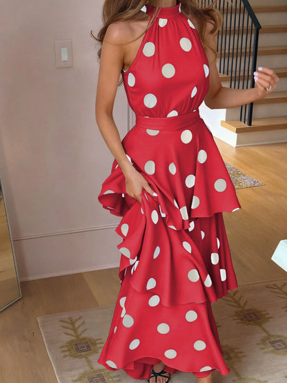 Women's Elegant Polka Dot Sleeveless Shirred Waist Layered Ruffled Dress, Bohemian Style, Spring/Summer