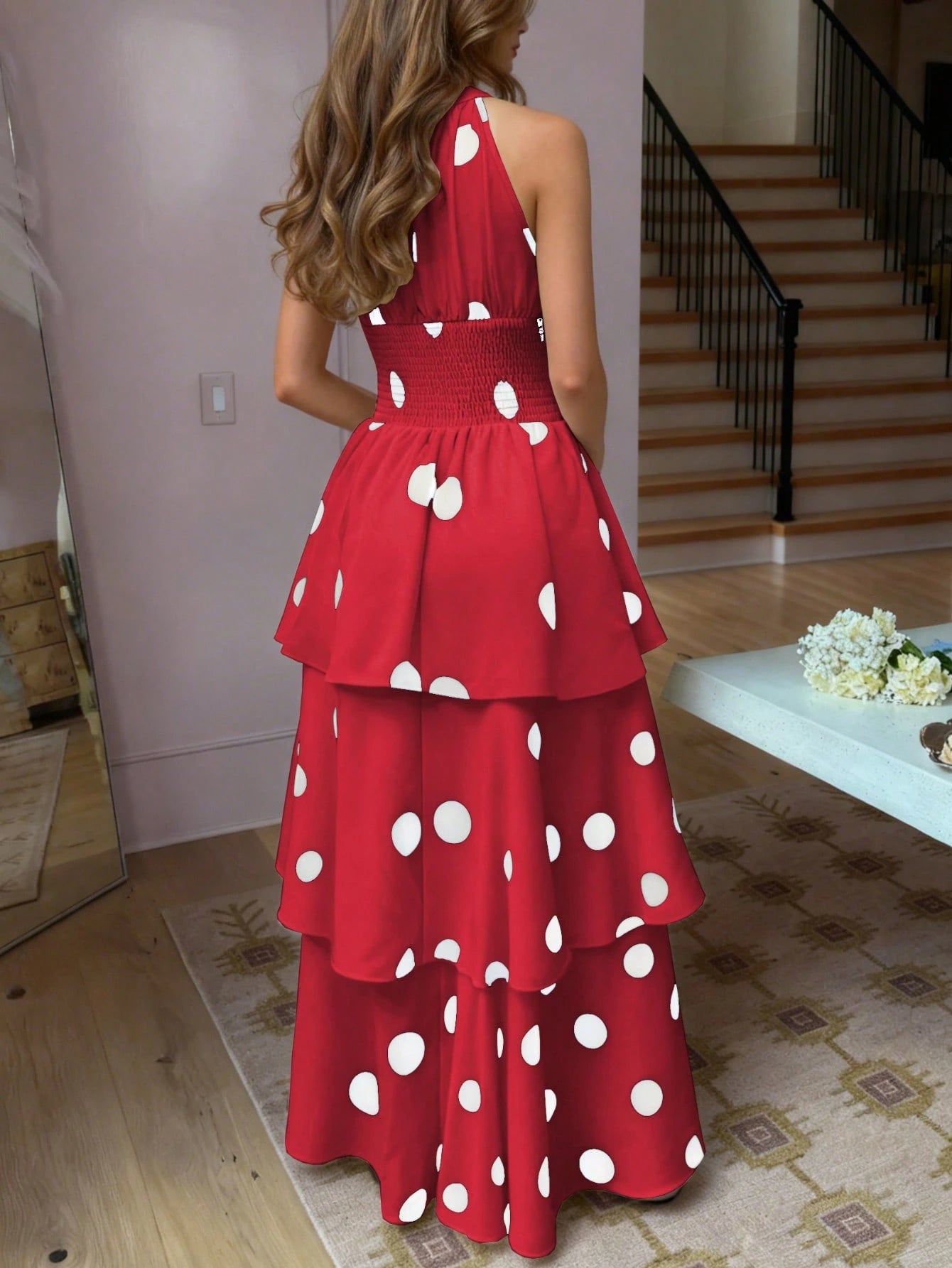 Women's Elegant Polka Dot Sleeveless Shirred Waist Layered Ruffled Dress, Bohemian Style, Spring/Summer