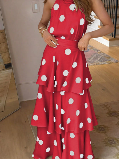 Women's Elegant Polka Dot Sleeveless Shirred Waist Layered Ruffled Dress, Bohemian Style, Spring/Summer