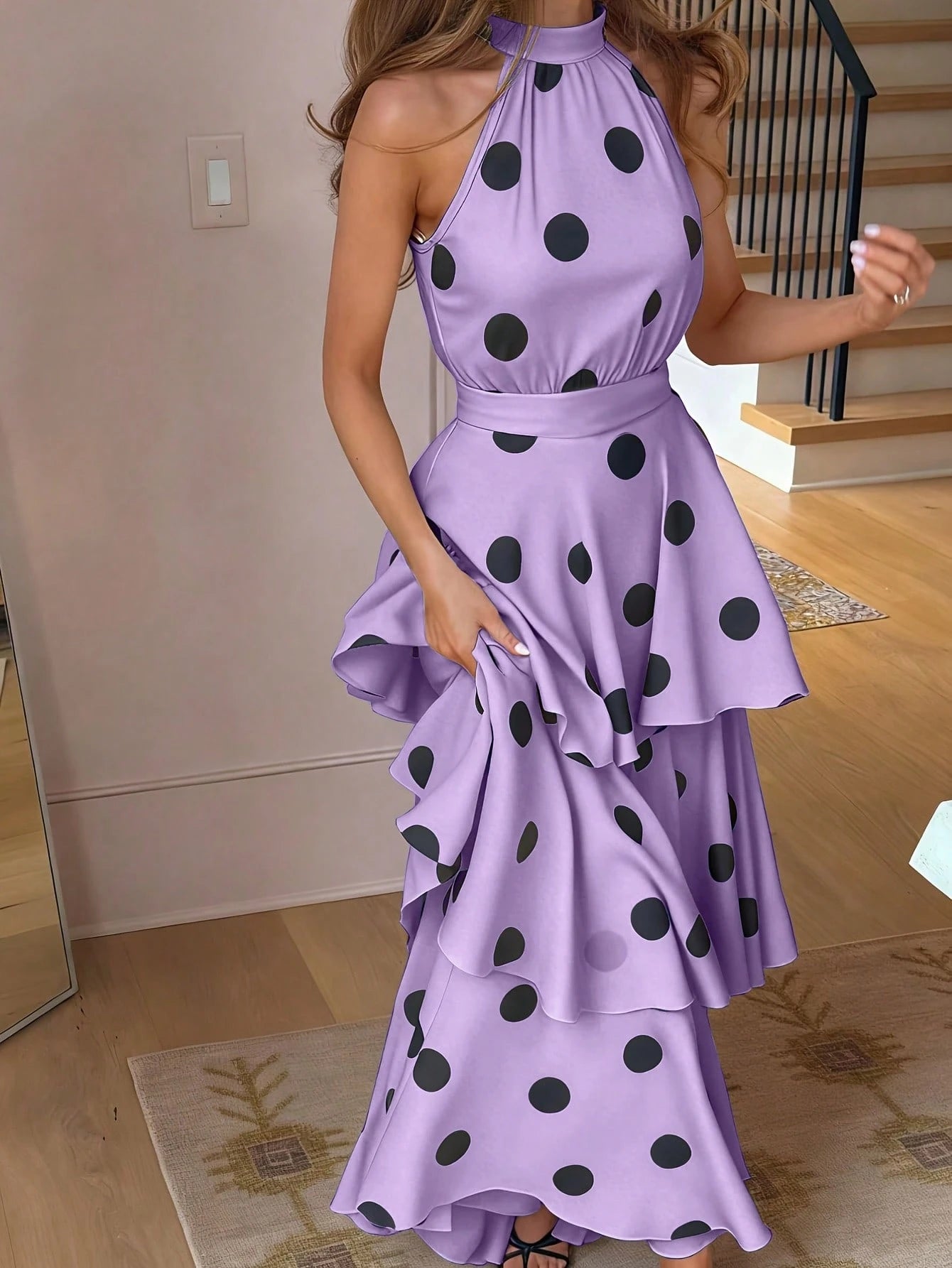 Women's Elegant Polka Dot Sleeveless Shirred Waist Layered Ruffled Dress, Bohemian Style, Spring/Summer
