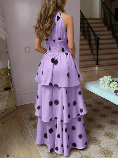 Women's Elegant Polka Dot Sleeveless Shirred Waist Layered Ruffled Dress, Bohemian Style, Spring/Summer
