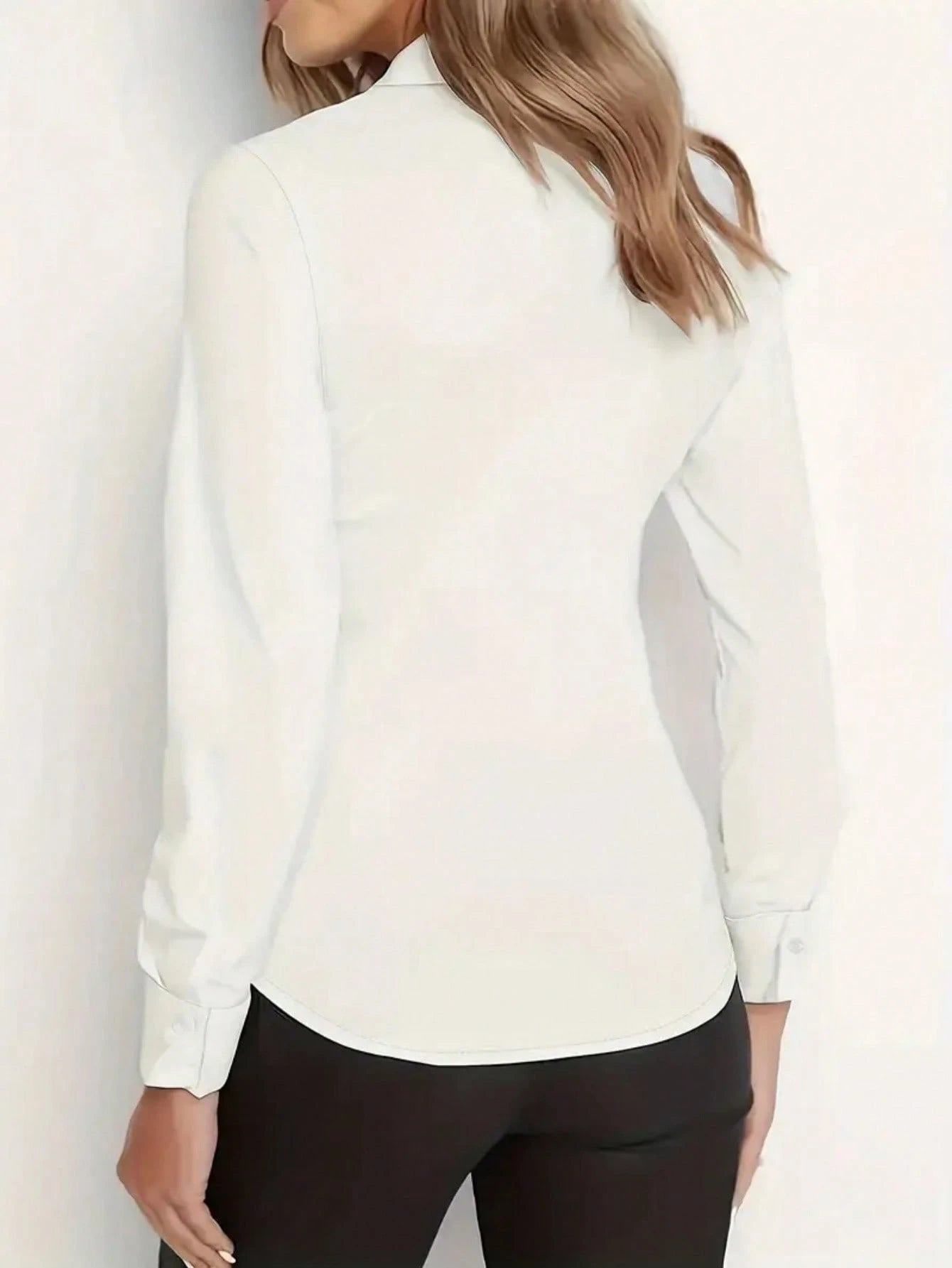 Women's Elegant Satin White Long Sleeve Blouse, Versatile Solid Color Top For Commuting, Classic Collar, Skin-Friendly Soft And Smooth Satin Fabric, Not See-Through, Machine Washable And Dry Cleanable