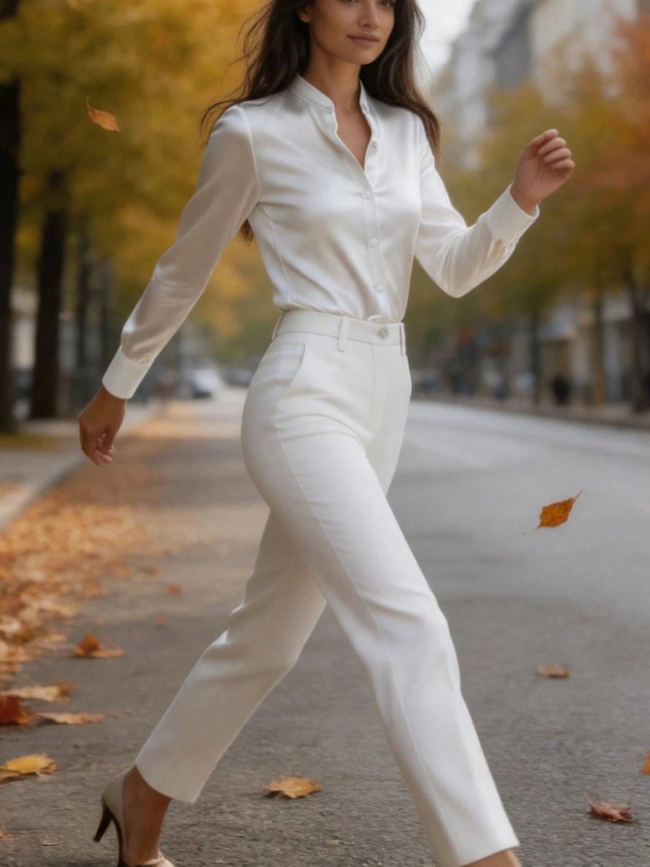 Women's Elegant Satin White Long Sleeve Blouse, Versatile Solid Color Top For Commuting, Classic Collar, Skin-Friendly Soft And Smooth Satin Fabric, Not See-Through, Machine Washable And Dry Cleanable