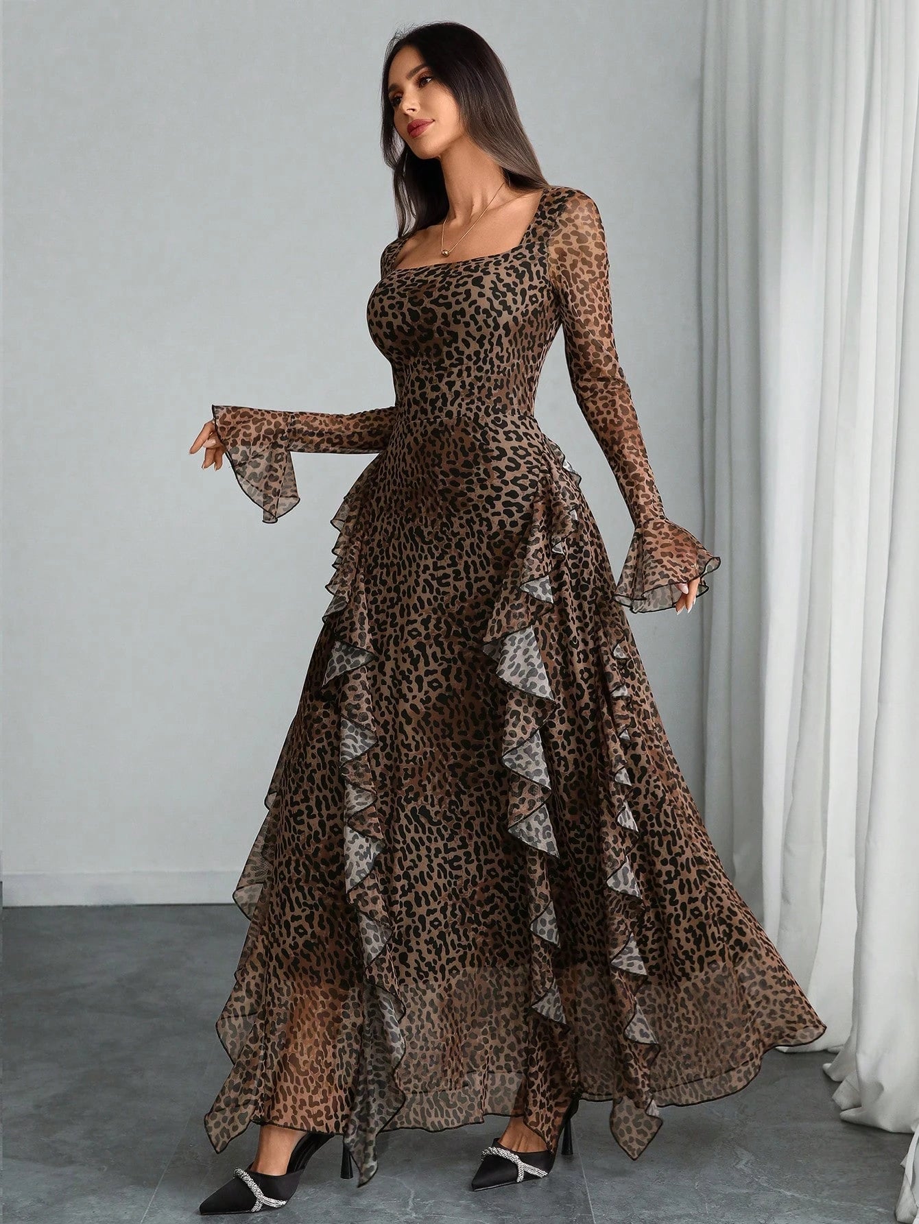 Women's Elegant Sexy Modern Luxurious Long Sleeve Y2K Romantic Ruffle Double Layer Abstract Leopard Print Dress Spring